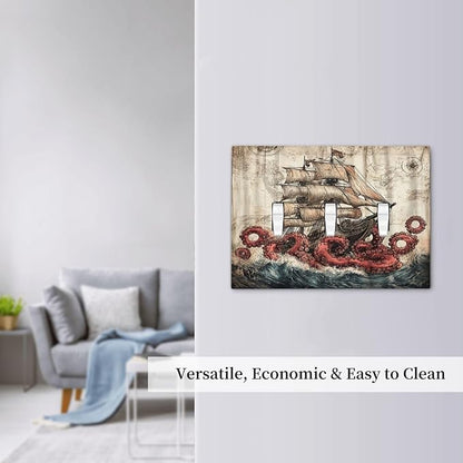 Decorative Switch Plates Vintage Octopus Ocean Sailboat Bizarre Adventure 3 Gang Wall Plate Faceplate Triple Toggle Light Switch Cover Electrical Wall Panels for Bathroom Kids room Decor