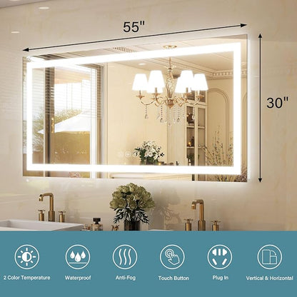 GLSLAND LED Bathroom Mirror - 55"x30" Anti-Fog Lighted Wall Mirrors with Memory Function, Dimmable, Frontlit & Backlit, Horizontally/Vertically, Tempered Glass