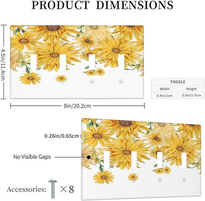 Sunflower Yellow Flowers Floral Light Switch Covers Quad Toggle Electrical Faceplate 4 Gang Wall Plate Decorative Switch Plates for Bed Room Living Room Decor