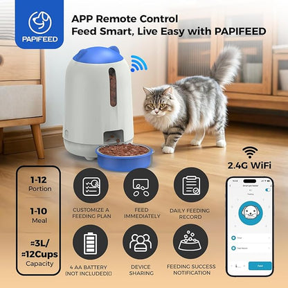 PAPIFEED Automatic Cat Feeder, 2.4G WiFi Auto Cat Food Dispenser with App Control, 3L Auto Pet Feeder with Dual Power Supply, Detachable for Easy Clean for Cats and Small Dogs, Blue