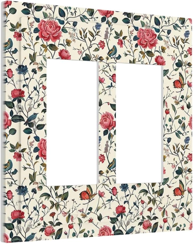 Decorative Outlet Covers Vintage Flowers Rose Leaf Bird Butterfly 2 Gang Double GFCI Rocker Electrical Wall Panels Light Switch Cover Plate for Bedroom living Room Decor