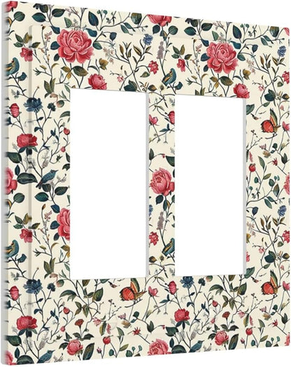 Decorative Outlet Covers Vintage Flowers Rose Leaf Bird Butterfly 2 Gang Double GFCI Rocker Electrical Wall Panels Light Switch Cover Plate for Bedroom living Room Decor