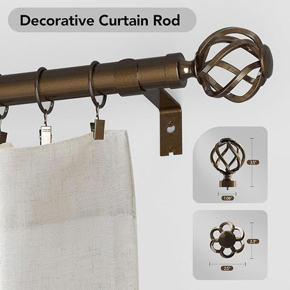 Curtain Rods for Windows 72 to 144, 1 Inch Adjustable Decorative Long Bronze Curtain Rod with Twisted Cage End, Modern Heavy Duty Outdoor Drapery Rods for Patio, Telescoping Splicing, Size 32" - 150"