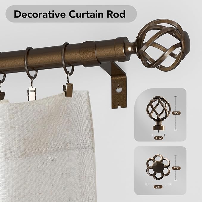 Curtain Rods for Windows 28 to 48, 1 Inch Adjustable Decorative Bronze Curtain Rod, Modern Heavy Duty Drapery Rods with Twisted Cage End, Telescoping Splicing Structure, Size 32"-60"