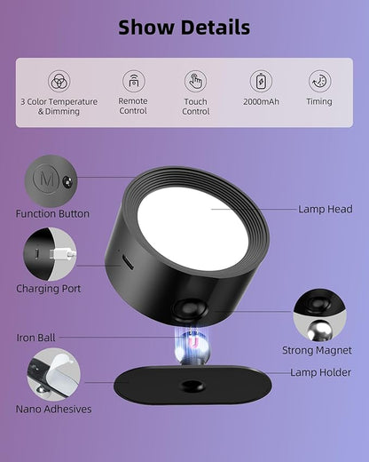 Wall Mounted Lights, 3 Pack Rechargeable RGB Color Changing Light, 3 Color Temps & Remote and Touch, 360°Rotation Dimmable Cordless for Study Bedroom Reading Bedside (Black)