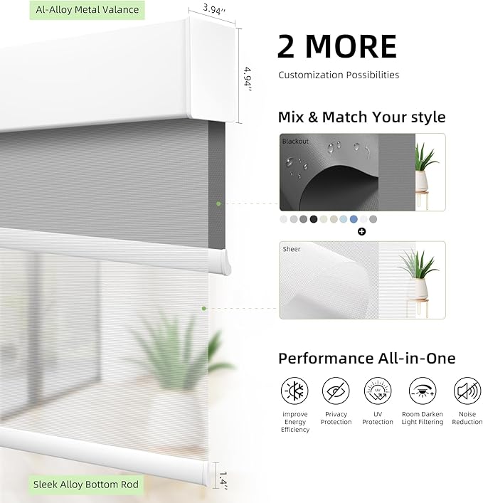 ZSTARR Motorized Day and Night Dual Smart Blind for Window with Valance Rechargeable Motor,Blackout Roller Shade Custom Size,with Valance Suitable for Home,Office (Full Blackout Dark Grey)