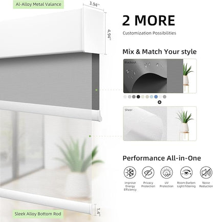 ZSTARR Motorized Day and Night Dual Smart Blind for Window with Valance Rechargeable Motor,Blackout Roller Shade Custom Size,with Valance Suitable for Home,Office (Full Blackout Dark Grey)