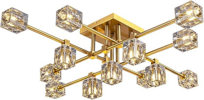 Semi Flush Mount Ceiling Light Fixture,13-Lights Modern Gold K9 Crystal Chandeliers,Farmhouse Light Fixtures Ceiling Sputnik Lights for Bedroom,Living Room,Dining Room,Kitchen,Entryway