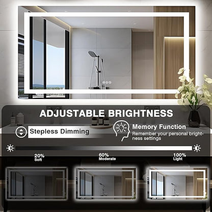 60"x30" Large LED Bathroom Vanity Mirror with Front Light and Backlit, Anti-Fog Illuminated Bathroom Mirror, Stepless Dimmable LED Mirror, 3 Colors Smart Mirror (Horizontal/Vertical)