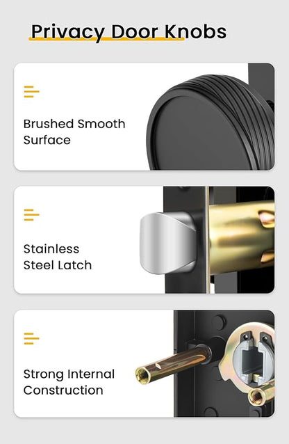 goldenwarm Interior Door Knobs Black, Zinc-Alloy Modern Matte Black Door Knob Privacy Door Knobs Interior for Bedroom Bathroom, Heavy Duty Square Modern Doorknobs - 3 Pack