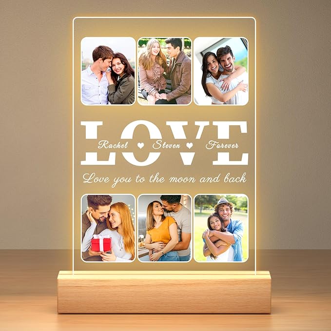 Personalized Picture Frame with Photo, Custom Photo Frame with Night Light, Custom Picture Frames, Customized Anniversary Valentines Day Gifts for Her Him Women Men Girlfriend Boyfriend Couples