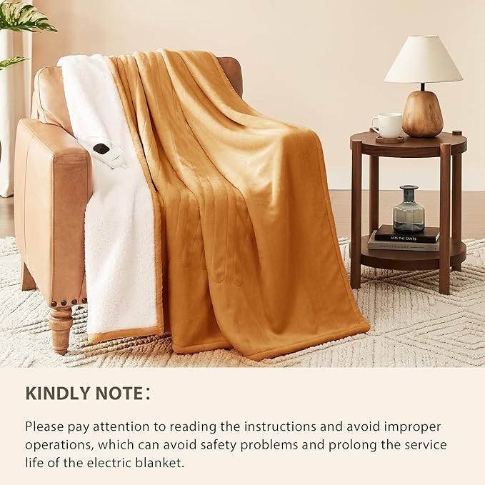 Homemate Electric Heated Blanket Twin Size - 62"x84" Heating Blanket Twin Size 1/2/4/6/8 Hours Auto-Off 10 Heat Level Over-Heat Protection Flannel Sherpa ETL Certification
