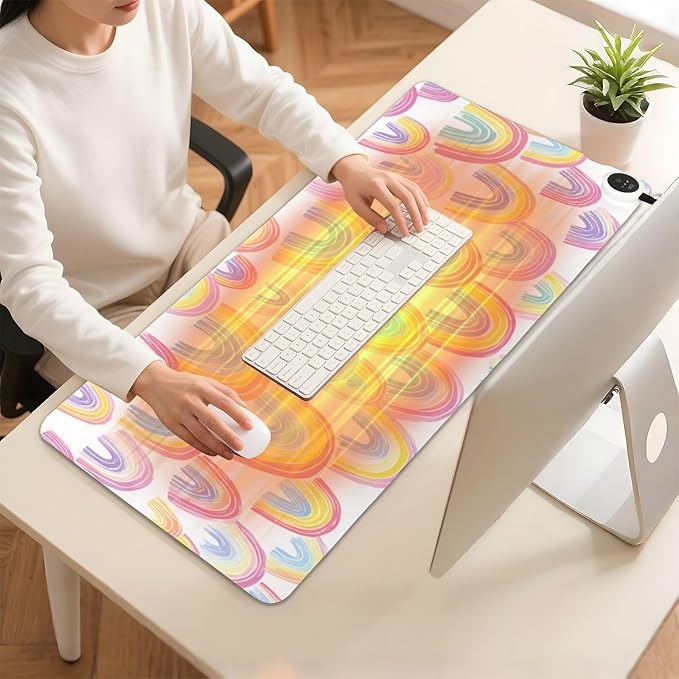 Heated Desk Pad Mouse Pad 31.5x13 Inch PU Leather Desk Mat with 3 Heat Levels Large Mouse Gaming Computer Laptop Mat Gradient Cute Rainbows