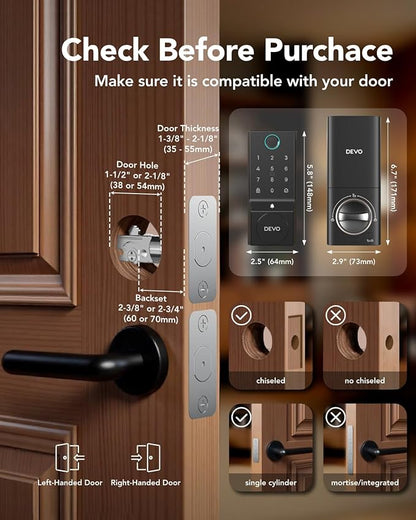 Devo G3 Fingerprint Smart Door Lock, Keyless Entry Door Lock, App Control, Smart Locks for Front Door, Smart Deadbolt Lock, Built-in Wi-Fi, Touchscreen Keypad, 8 Months Battery, IP54 Waterproof