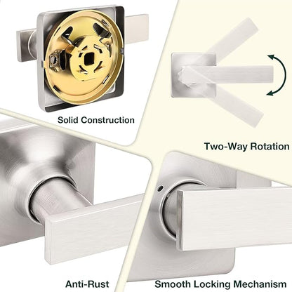 GOBEKOR 3 Pack Passage Door Levers Interior Door Handles with Lock Square Brushed Nickel Locks for Hall Closet