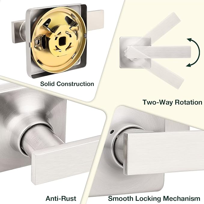 GOBEKOR 5 Pack Brushed Nickel Door Handles Interior Door Handles with Lock Nickel Passage Door Handles for Hall Closet Square Lever Door Handles