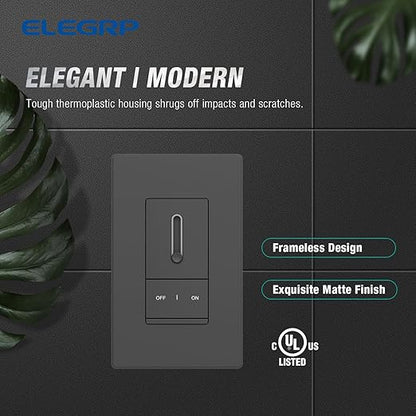 ELEGRP Slide Dimmer Switch for Dimmable LED, CFL and Incandescent Light Lamp Bulbs, Single Pole or 3-Way, Full Control with Preset, Rocker Paddle, Wall Plate Included, UL Listed (6 Pack, Matte Black)
