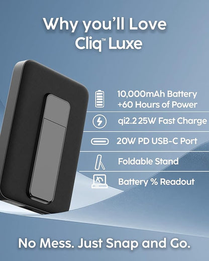 myCharge CliqLuxe 10,000mAh Wireless Magnetic Power Bank - Qi2.2 25W Ultra-Fast Wireless Charging | Foldable Metal Stand | 20W PD USB-C Port | Digital Battery Display | Premium Black Fabric