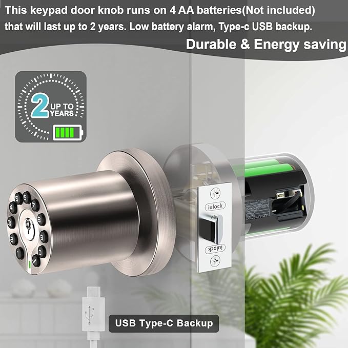 IU-20 Code Door Lock, Electronic Door Knob with Keypad and Same Key, Auto Lock, Waterproof, Passage Function, Long Battery Life, Easy to use and Install for Office/Warehouse/Bedroom/Garage
