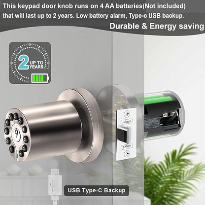 IU-20 Code Door Lock, Electronic Door Knob with Keypad and Same Key, Auto Lock, Waterproof, Passage Function, Long Battery Life, Easy to use and Install for Office/Warehouse/Bedroom/Garage