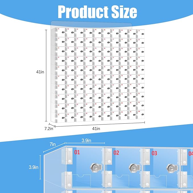 Cell Phone Locker 100 Slots Acrylic Cell Phone Lock Box with Door Locks and Keys, Wall-Mounted Cell Phone Storage Cabinet for Office Classroom Gym Firms, Clear Lockers for Storage (Large 100 Slots)