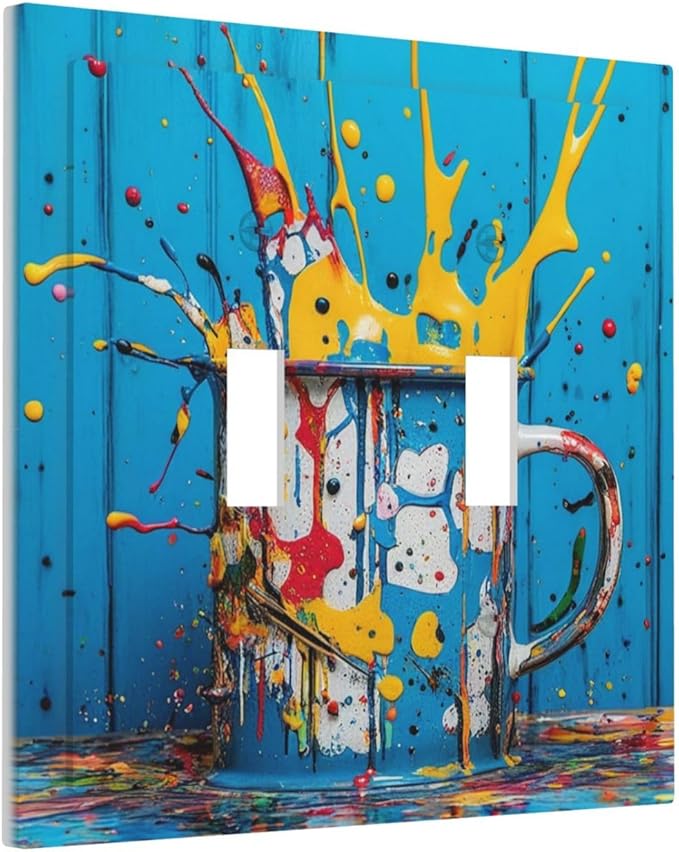 Decorative Light Switch Cover Plate Colorful Paint Splatters Blue Wood Plank 2 Gang Wall Plate Oversized Double Toggle Two Switch Wall Cover Plate Dual Device Faceplate