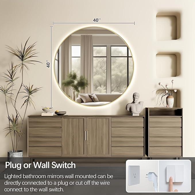 Niccy Round Led Mirror for Bathroom, 40" Backlit Mirrors for Wall Circle Lighted Mirror with Old Gold Frame Anti-Fog, 3 Colors, HD Glass and IP65 Waterproof