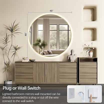 Niccy Round Led Mirror for Bathroom, 40" Backlit Mirrors for Wall Circle Lighted Mirror with Old Gold Frame Anti-Fog, 3 Colors, HD Glass and IP65 Waterproof