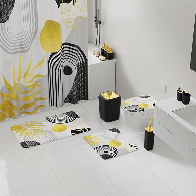 Bathroom Set - Bathroom Sets with Shower Curtain and Rugs, Bathroom Accessory Set, Black Bathroom Accessories Set with Trash Can, Toilet Brush and Soap Dispensers