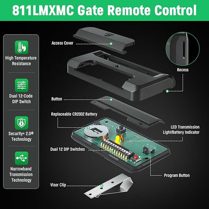 Upgrade 811LMX MC Gate Opener Remote Replacement for Liftmaster 811LMX / 811LM 1 Button Remote Control, for Liftmaster 850LM 860LM Star1000 Receiver, Security+ 2.0 315MHz 390MHz, 12 Dip Switch 4 Pack