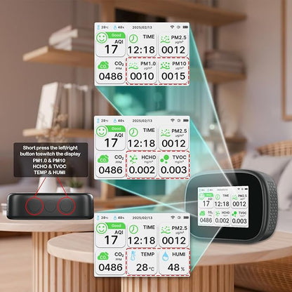 18-in-1 Smart Air Quality Monitor - Indoor WiFi Air Quality Detector with Dual Chip, Real-Time for AQI, CO2, PM2.5, PM1.0, PM10, TVOC, HCHO, Time Display, Temperature & Humidity with Aler (Black-W)