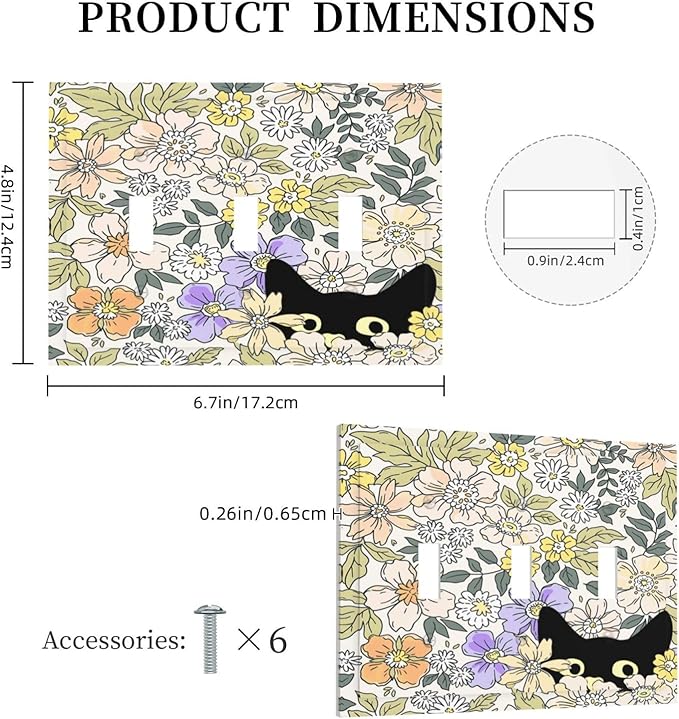 Decorative Light Switch Plate Covers Cute Black Cat in a Flower Patch Botanical Garden 3 Gang Artistic Wall Plate Unique Triple Toggle Light Switch Covers for Bedroom Home Decor