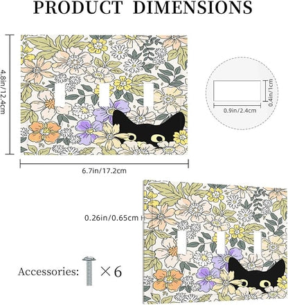 Decorative Light Switch Plate Covers Cute Black Cat in a Flower Patch Botanical Garden 3 Gang Artistic Wall Plate Unique Triple Toggle Light Switch Covers for Bedroom Home Decor
