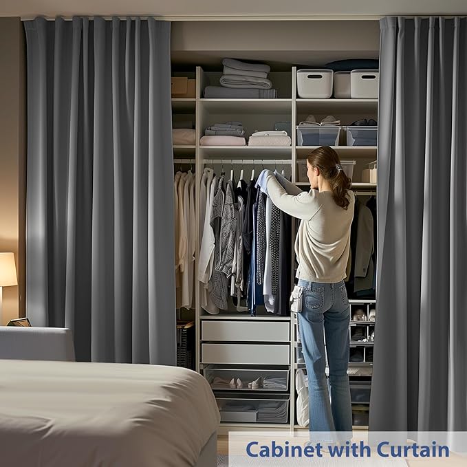 Room Divider Ceiling Mounted Curtains Track Sets Extra Wide Blackout Curtain Flexible Tracks for Bedroom Privacy Partition Separator, 1 Panel Grey Drape and White Rail, W15 x H10ft