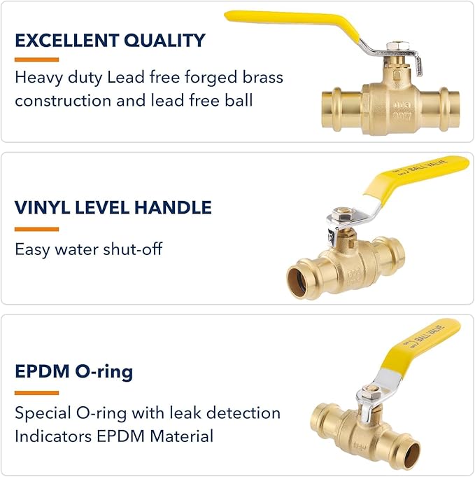 3/4" Press propress Ball Valve with EPDM O-Ring 1/4-Turn Full Port Shut Off Stop Valve for Copper Tubing Connection LF Brass 10PCS