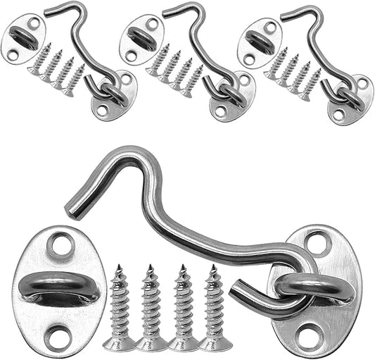 4-Pack 3Inch Door Lock Gate Latch Premium Stainless Steel Hook and Eye Gate Latch Cabin Hook with 16pcs Screws, Silver