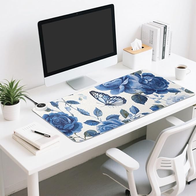 Heated Desk Pad Mouse Pad 31.5x13 Inch PU Leather Desk Mat with 3 Heat Levels Large Mouse Gaming Computer Laptop Mat Blue White Rose Flowers Butterfly