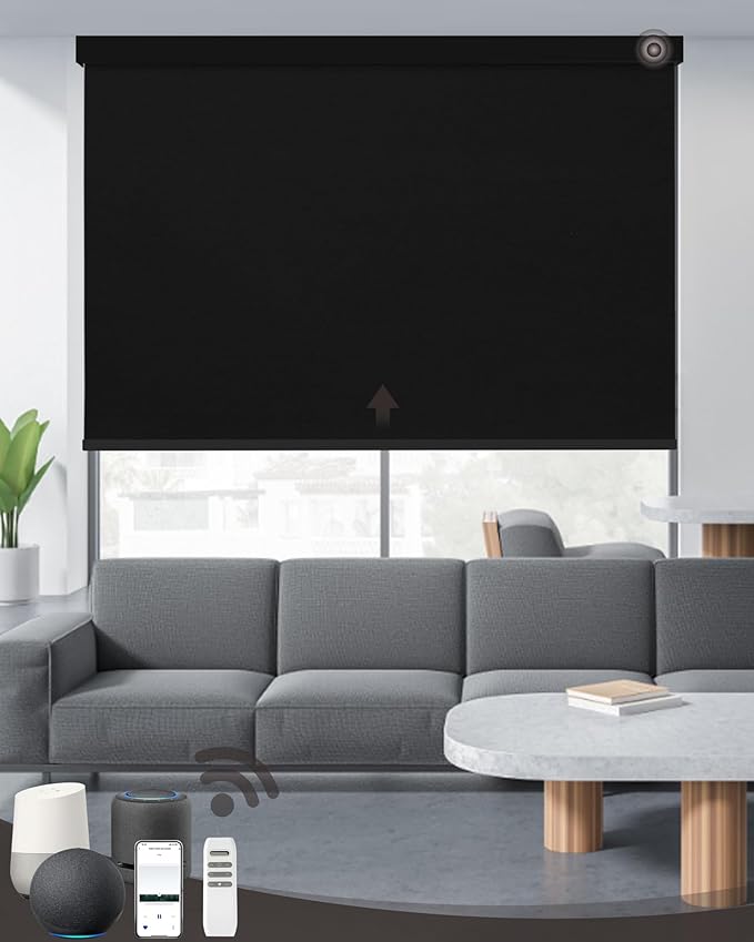 Motorized Roller Shade with Remote Control, 100% Blackout Electric Blinds for Windows with Alexa Google Home via Hub, Rechargeable Smart Automatic Customized Size（Dule Side-Black）