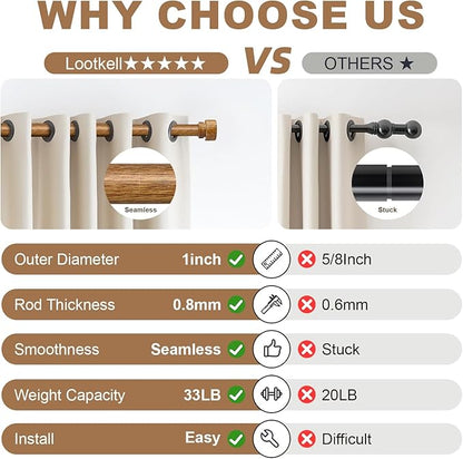 Wood Curtain Rods for Windows 66 to 120 Inches 1" Diameter Boho Decorative Heavy Duty Long Window Curtain Rod Adjustable with Solid Imitation Wood Grain Finials for Living Room Bedroom Kitchen
