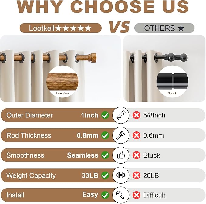 Wood Curtain Rods for Windows 72 to 144 Inches 1" Diameter Boho Decorative Heavy Duty Long Window Curtain Rod Adjustable with Solid Imitation Wood Grain Finials for Living Room Bedroom Kitchen