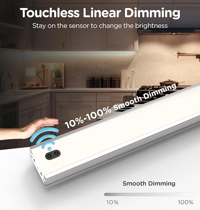 Hand Wave Under Cabinet Lighting Plug in, 16 Inch 2 Pcs Dimmable Under Counter Lights, 4000K Natural White Linkable Ultra Thin Motion Sensor LED Lights for Kitchen, Shelf, Desk, Cupboard