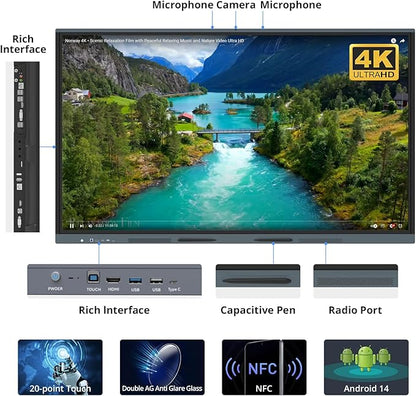 86″ Smart Board, 4K UHD Interactive Whiteboard with Android 14 System and 13MP Camera, All in One Digital Whiteboard for Home, Classroom and Business (Wall Mount Included)