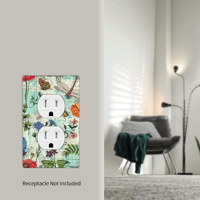 Dragonflies Flowers Butterfly 1 Gang Outlet Cover Outlet Light Switch Cover Decorative Single Duplex Wall Plate Cover For Home Living Bedroom Kitchen Decorative