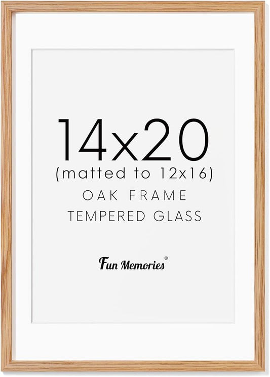 Fun Memories 14x20 Picture Frame, Solid Oak Wooden 14"x20" Photo Frame for Wall, 14 x 20 Frame Matted to 12 x 16, Tempered Real Glass, 14 x 20 Collage Gallery Frames (Natural Oak Color, 1 Pack)