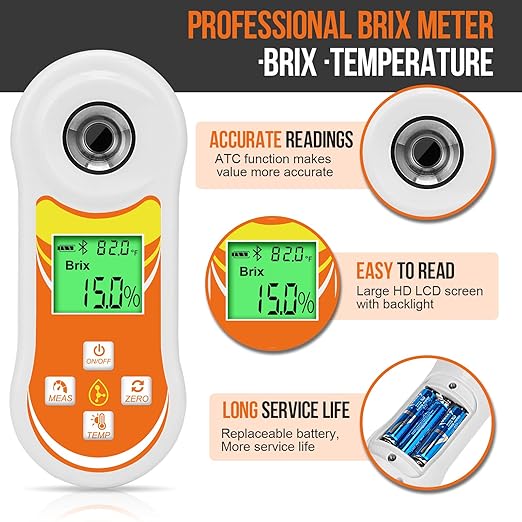 Smart Brix Refractometer, YINMIK Digital Brix (0-60%) Tester, Sugar Temperature Meter with ATC, Portable Brix Meter for Fruit, Home Wine & Beer Brewing, Coffee, Maple Syrup, Juice, Food, Vegetable