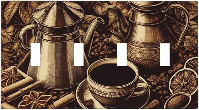 Decorative Light Switch Cover Plate Vintage Coffee Beans Leaf Cup 4 Gang Wall Plate Oversized Quad Toggle Switch Cover Plate Jumbo Faceplate for Kitchen Home Decor