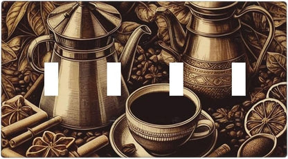 Decorative Light Switch Cover Plate Vintage Coffee Beans Leaf Cup 4 Gang Wall Plate Oversized Quad Toggle Switch Cover Plate Jumbo Faceplate for Kitchen Home Decor