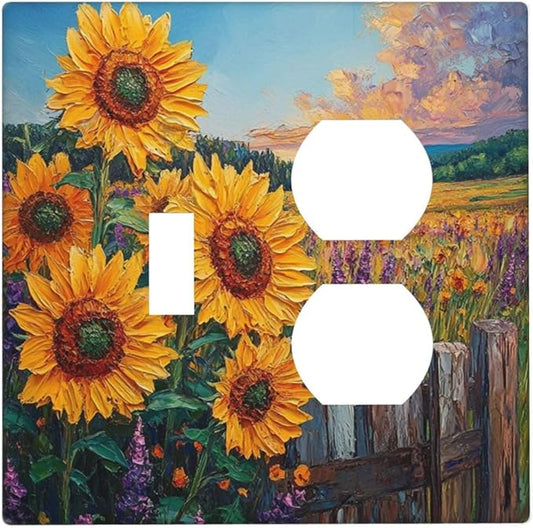 Decorative Outlet Covers Rustic Wilderness Sunflower Lavender Muzha Oil Painting 2 Gang Wall Plate Cover Single Toggle Duplex Combo Light Switch Cover Plate Faceplate