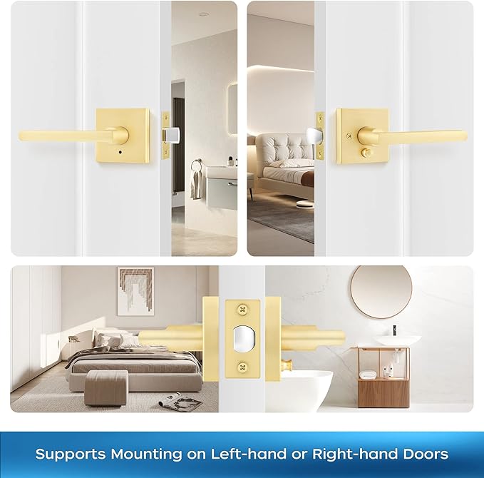 Leydebong 3 Pack Gold Door Handle Heavy Duty, Keyless Door Knob Reversible Square Door Lever for Bedroom, Bathroom and Rooms