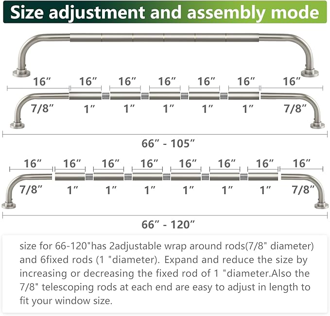 Nickel Wrap Around Curtain Rods 66 to 120In:Blackout Heavy duty Adjustable Window Curtain Rod for Bedroom,Industrial Darkening Curved French Metal Single Drapery Rods Easy Install,Satin Nickel